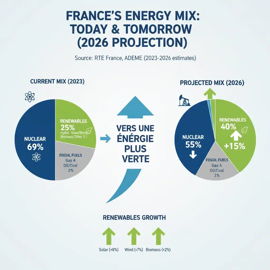 Infographie sur le mix énergétique français actuel et les projections pour 2026