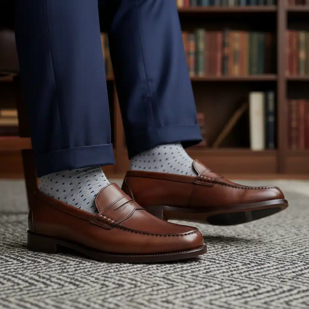 Gros plan sur des mocassins en cuir classiques, illustrant leur design intemporel et leur polyvalence pour le style français.
