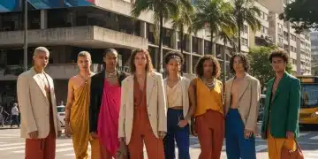 Grupo diverso de pessoas vestindo moda genderless em cenário urbano brasileiro.