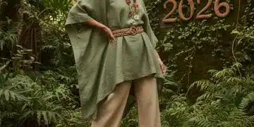 Femme élégante vêtue de tissus durables dans un cadre naturel, symbolisant la mode éthique 2026.