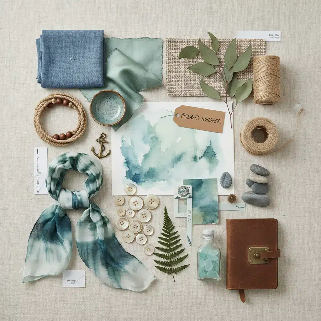 Tableau d'inspiration avec échantillons de tissus et accessoires aux couleurs Pantone 2026.