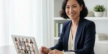 Mulher profissional em reunião virtual, ambiente organizado e iluminação adequada