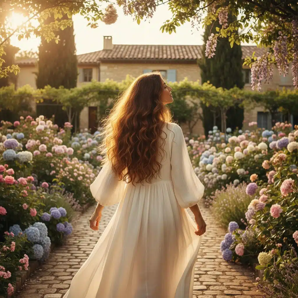 Femme aux longues ondulations naturelles et élégantes, se promenant dans un jardin fleuri, une coiffure tendance 2026 pour un style bohème chic.