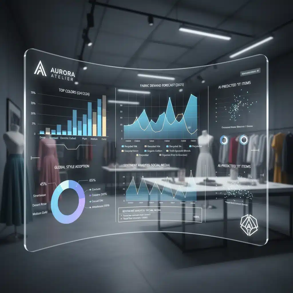Painel de visualização de dados de tendências de consumo e análises preditivas para moda, impulsionado por IA.
