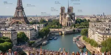 Vue panoramique de Paris avec la Tour Eiffel et la Seine, symbolisant l'attractivité touristique de la France.