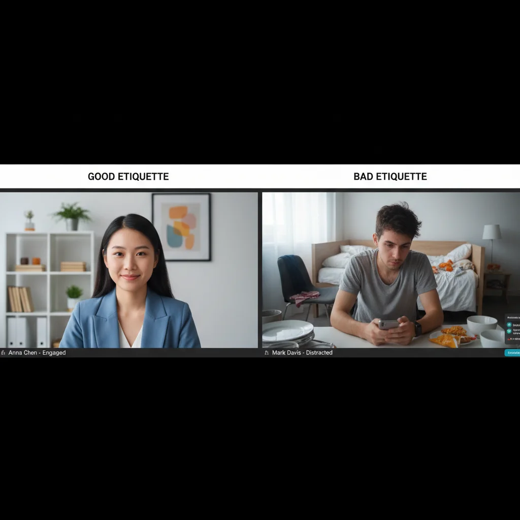 Comparação de participantes em reunião virtual: um atento e profissional, outro distraído e desorganizado.