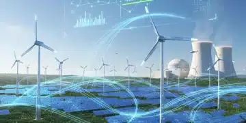 Paysage énergétique français futuriste avec éoliennes, panneaux solaires et centrale nucléaire