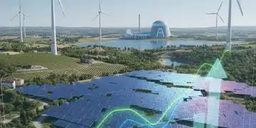 Paysage énergétique français futuriste avec éoliennes, panneaux solaires et centrale nucléaire, symbolisant la transition et la croissance.