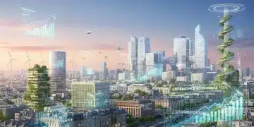 Paysage urbain français futuriste symbolisant la croissance économique et l'innovation en 2026