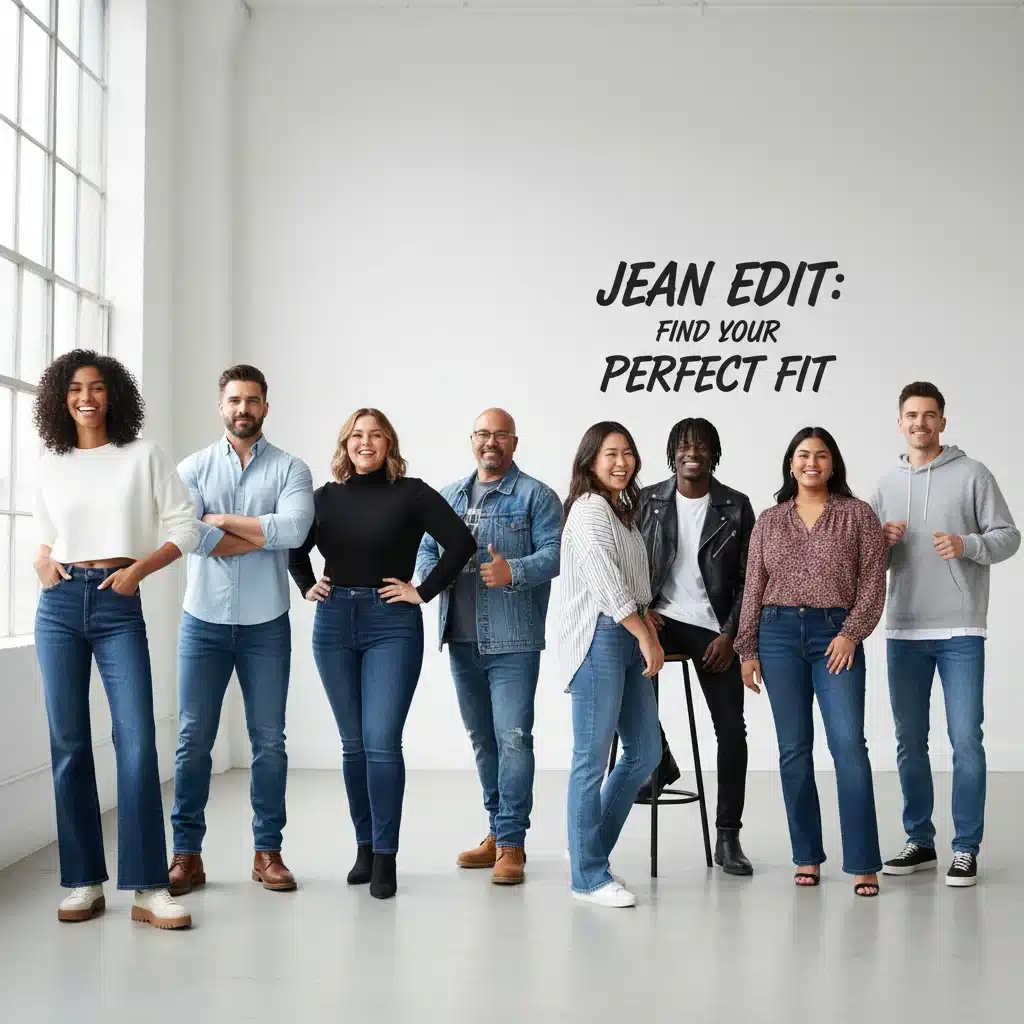 Groupe diversifié de personnes portant différents styles de jeans (droit, skinny, bootcut, large), illustrant leur adaptabilité.
