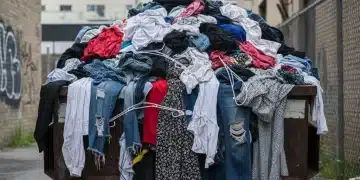 Pilha gigante de roupas descartadas de fast fashion em um aterro sanitário, simbolizando o desperdício excessivo.