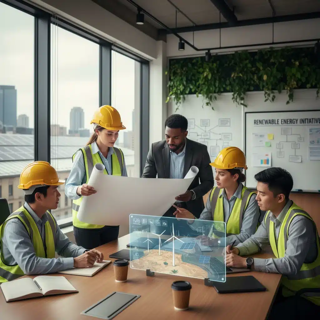 Professionnels discutant de plans de projets d'énergie renouvelable, symbolisant la planification stratégique.