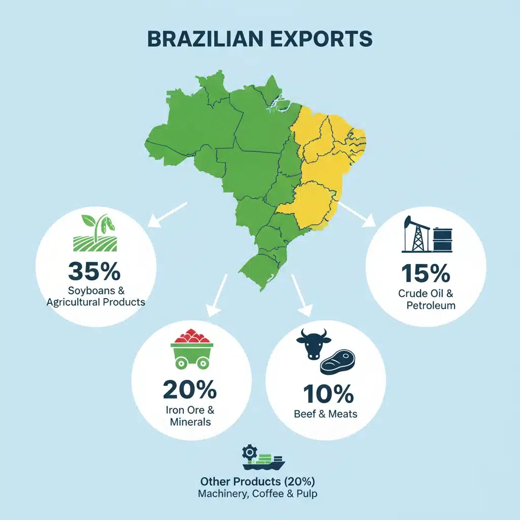 Infográfico detalhando os principais produtos de exportação do Brasil, como soja, minério de ferro e carne, com porcentagens de contribuição.