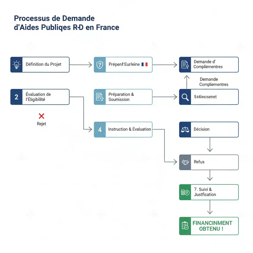 Schéma explicatif du processus de demande d'aides à la R&D en France.