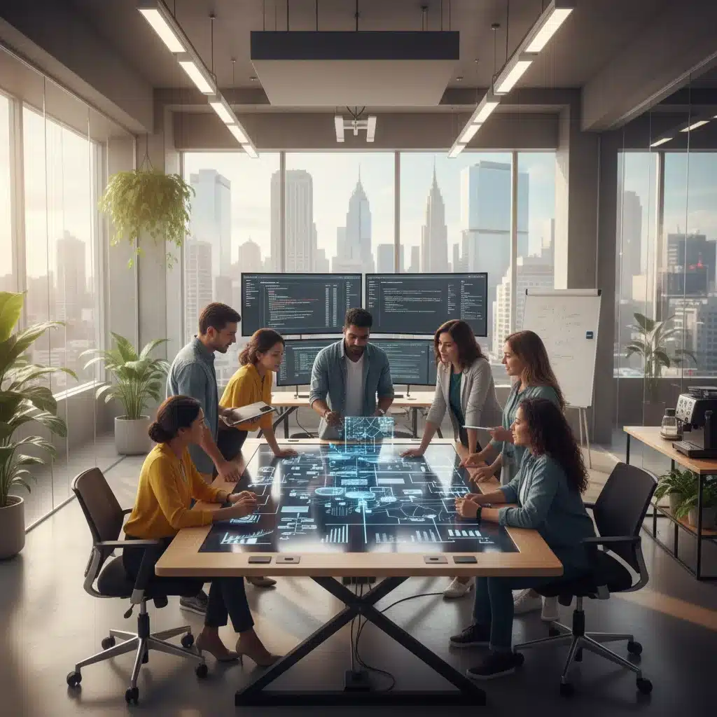 Equipe de profissionais colaborando em projeto de tecnologia, ilustrando a expansão do setor de TI no Brasil.