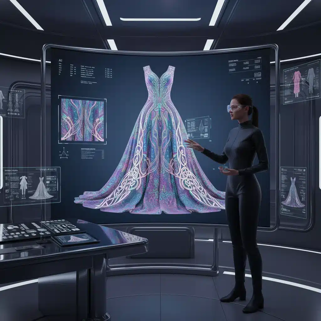 Protótipo de roupa gerado por inteligência artificial em 3D, sendo analisado por um designer em uma tela grande.