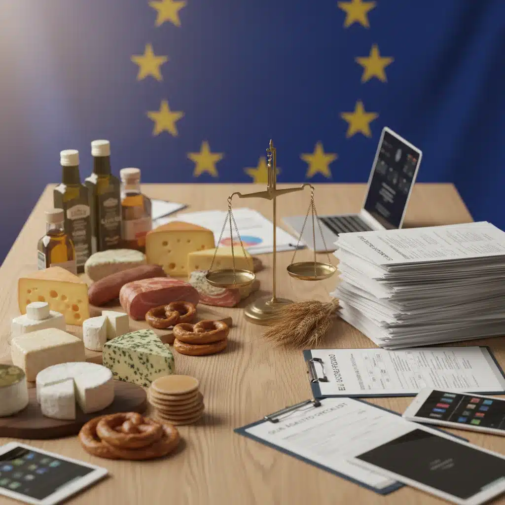 Assortiment de produits agroalimentaires européens avec des documents réglementaires et des balances, symbolisant les défis du secteur.