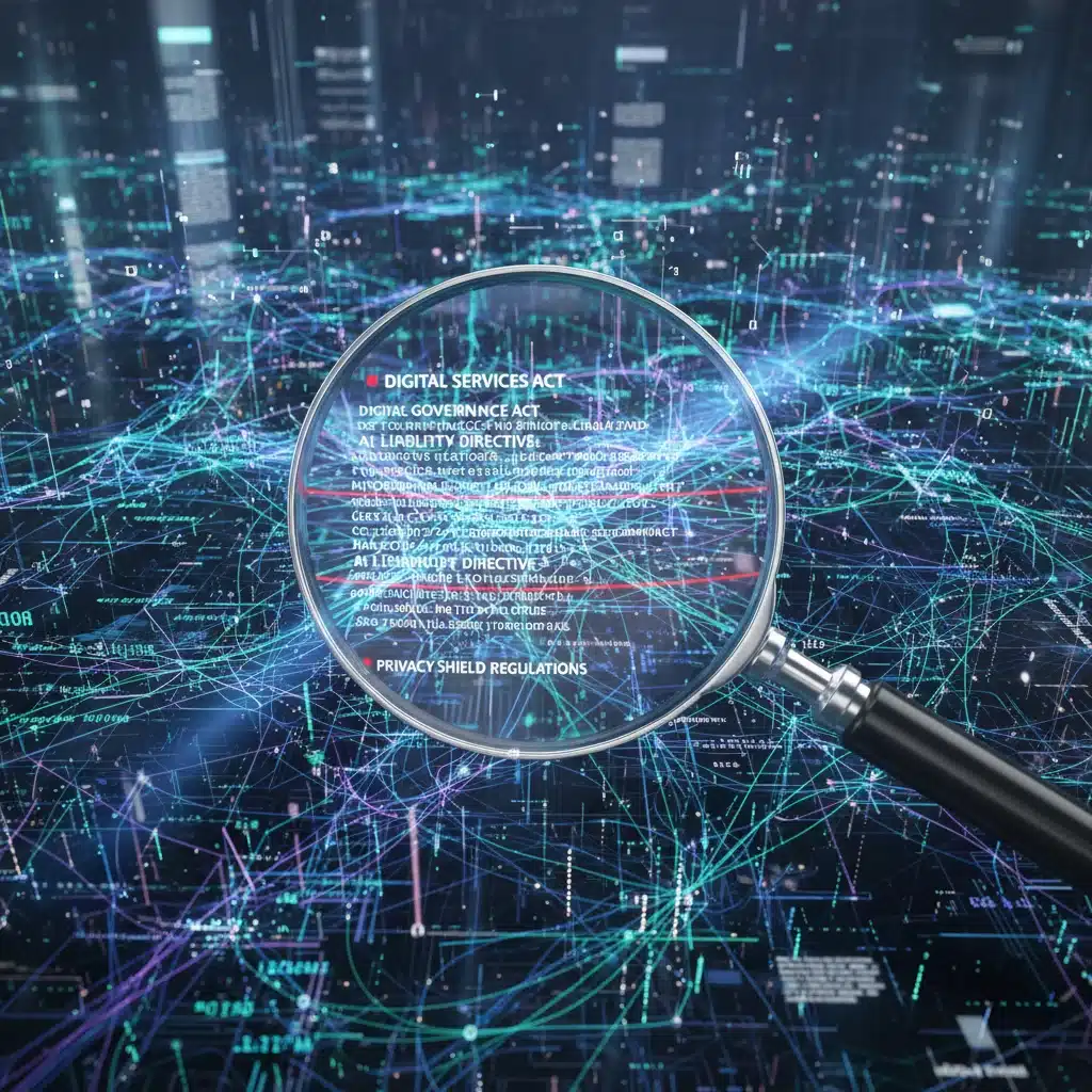 Réseau numérique complexe avec une loupe, illustrant la surveillance réglementaire du marché numérique.