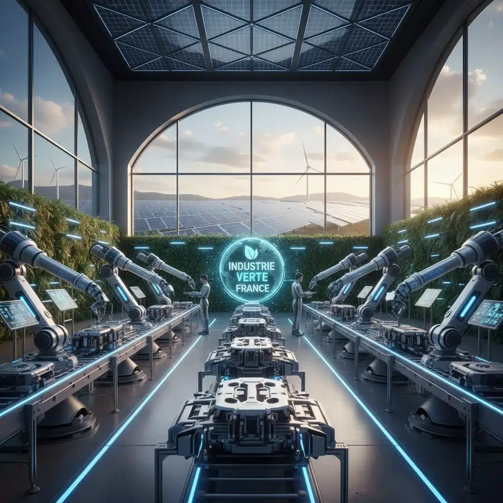 Usine moderne et écologique, illustrant la réindustrialisation verte et l'innovation en France.