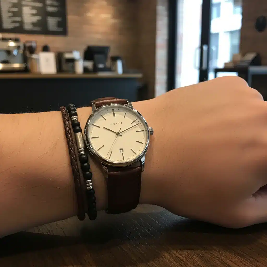 Detalhe de relógio automático e pulseiras minimalistas no pulso masculino.