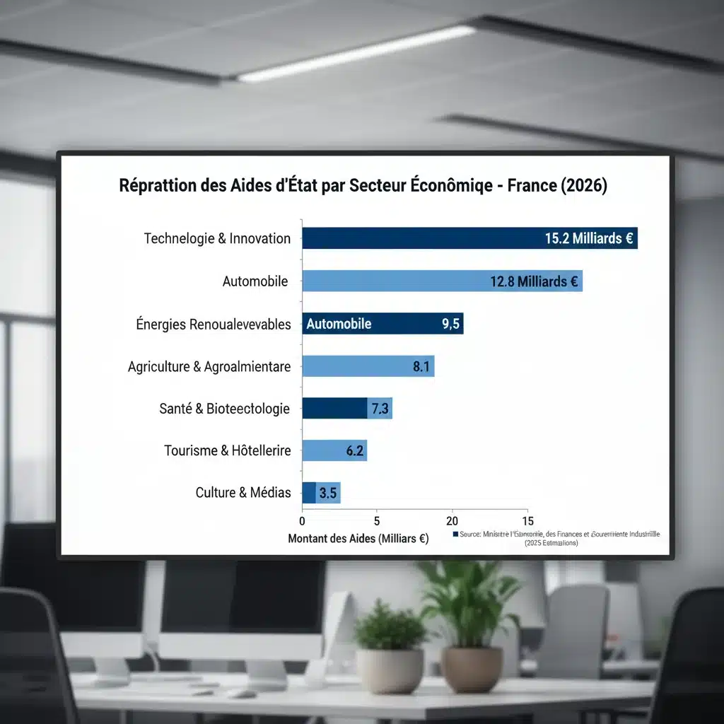Graphique de répartition des aides d'État par secteur économique en France.