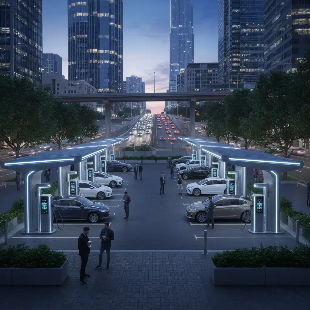 Réseau de bornes de recharge pour véhicules électriques en milieu urbain, symbolisant l'infrastructure croissante.