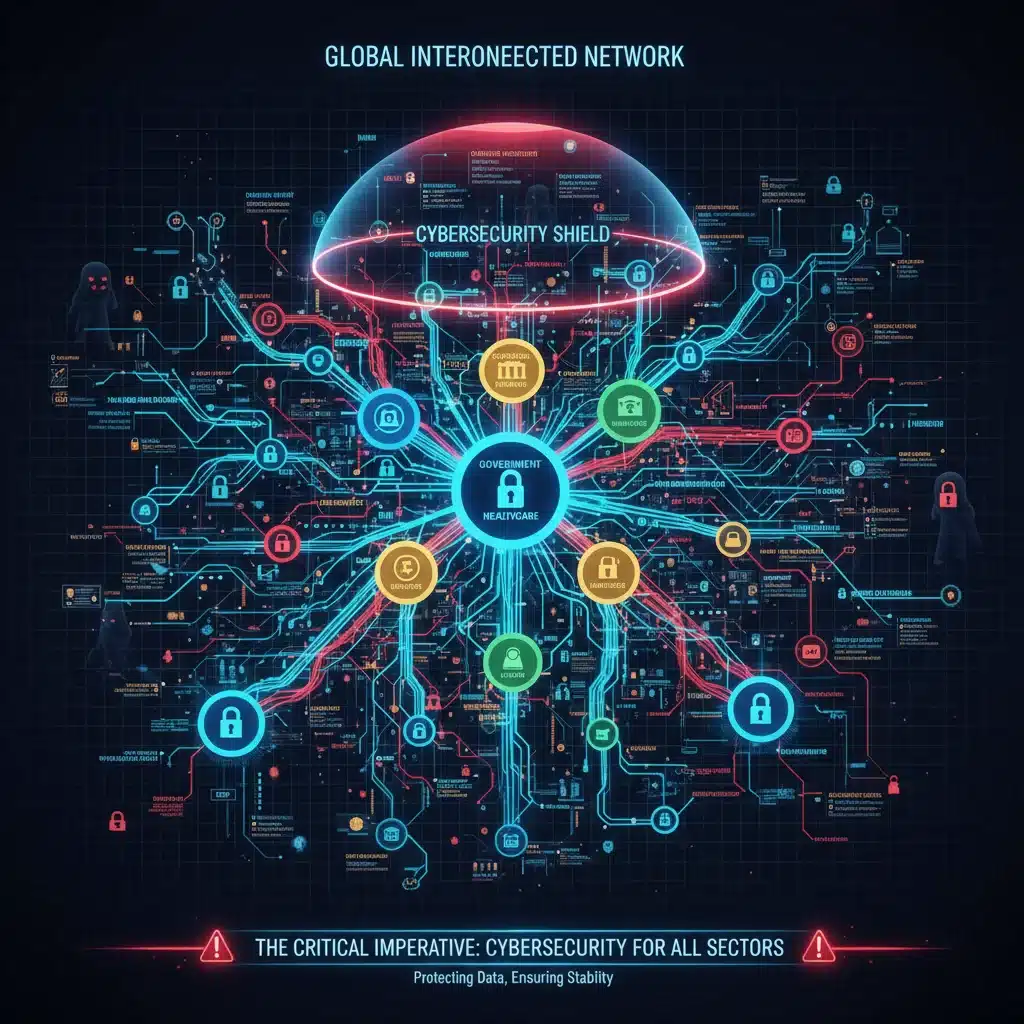 Schéma de réseau complexe illustrant la cybersécurité intersectorielle.