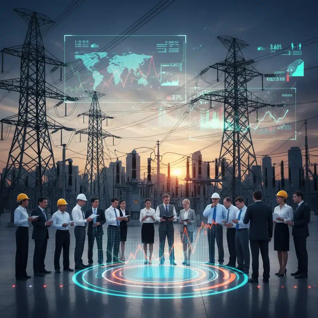 Réseau électrique complexe avec données de prix fluctuants et projections de consommation, représentant l'interconnexion du marché.