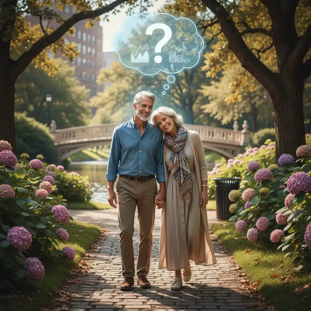 Couple de retraités se promenant, pensant à la sécurité financière de leur retraite future.