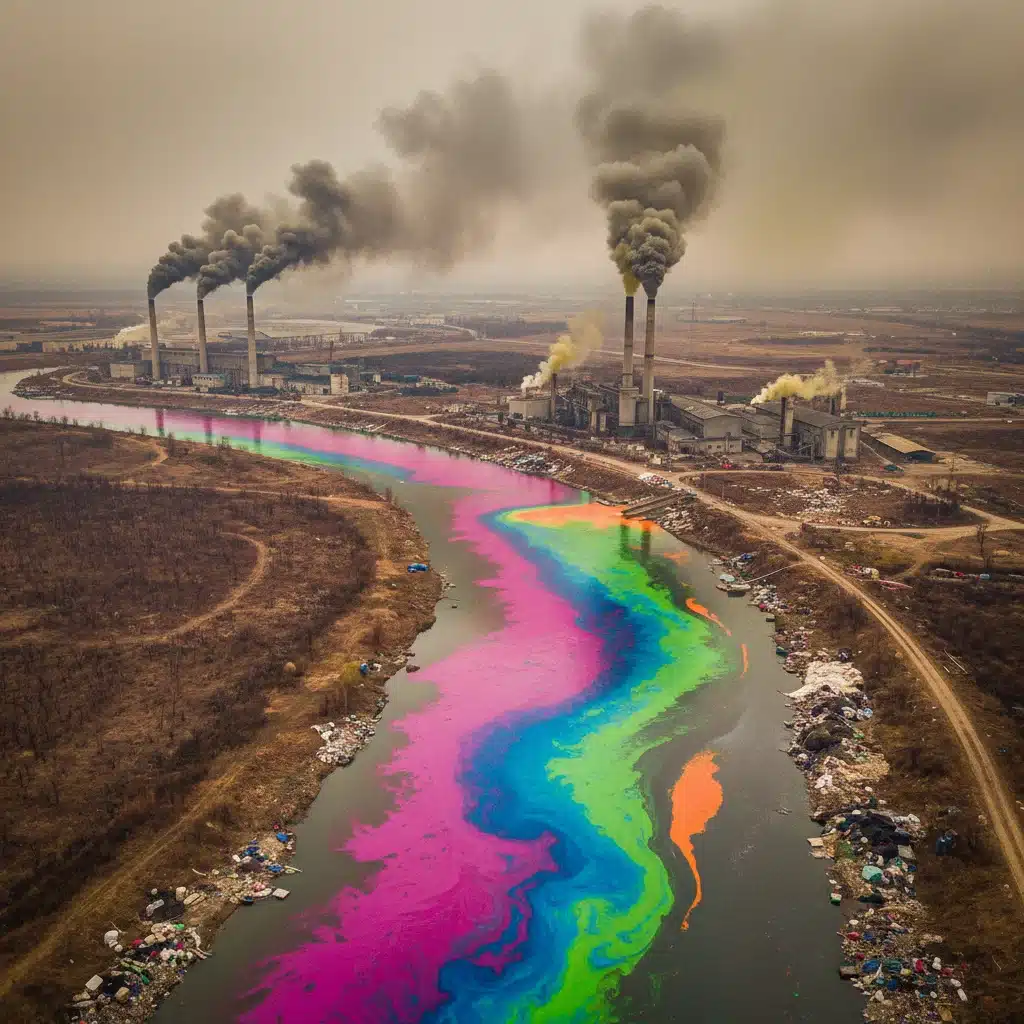 Rio poluído com efluentes químicos de fábricas têxteis, demonstrando o impacto ambiental da fast fashion.