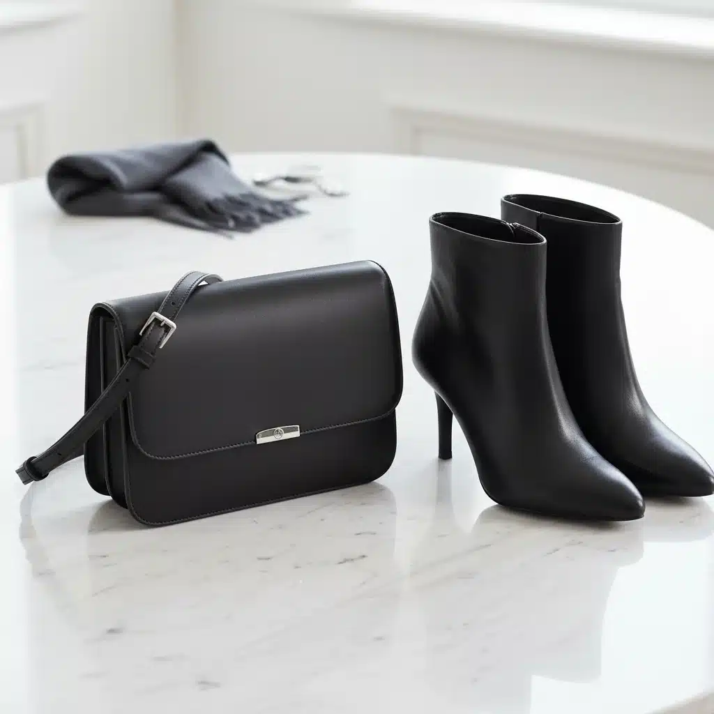 Sac à main en cuir noir minimaliste et bottines élégantes, accessoires clés d'une garde-robe durable.