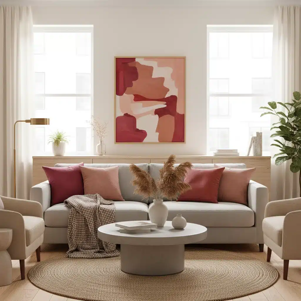 Intérieur de salon moderne avec touches de couleurs Pantone 2026, coussins et plaid.