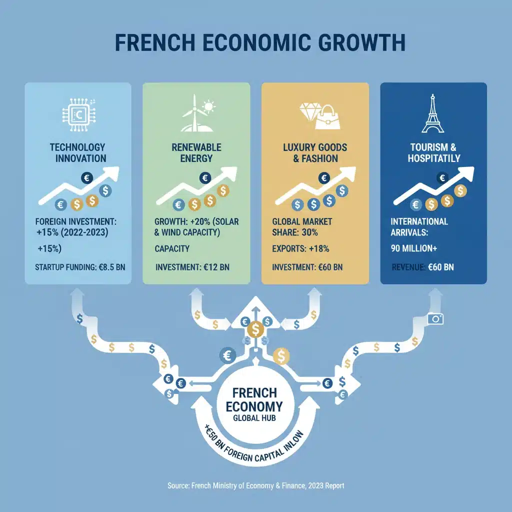 Infographie des secteurs économiques français en croissance grâce aux investissements étrangers.