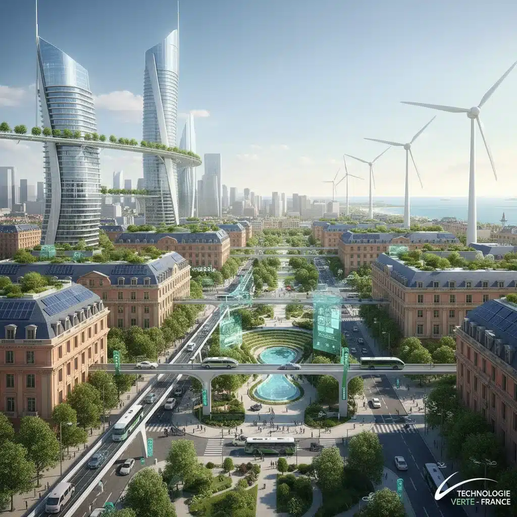 Ville intelligente et durable en France, illustrant les investissements dans la technologie verte et l'urbanisme.
