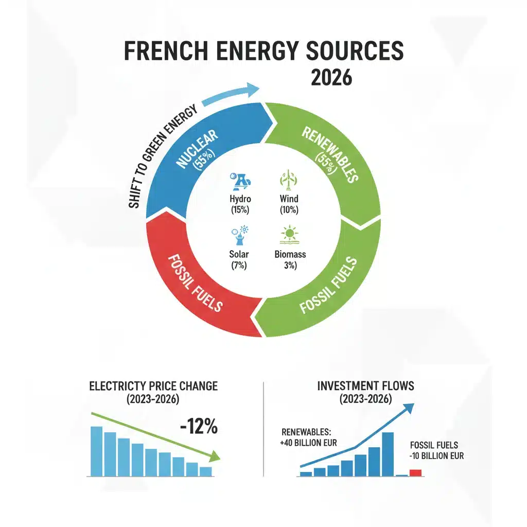 Infographie détaillée des sources d'énergie en France pour 2026, illustrant la part des renouvelables et l'évolution des investissements.