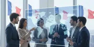 Professionnels discutant des stratégies d'exportation avec une carte du monde numérique en arrière-plan, symbolisant les aides à l'exportation pour les entreprises françaises en 2026.
