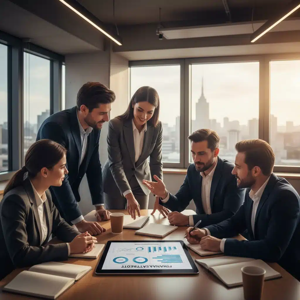 Professionnels discutant des stratégies fiscales pour les entreprises en 2026, autour d'une tablette numérique.