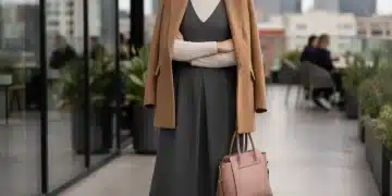 Femme stylée superposant un col roulé, une robe sans manches et un blazer oversized, dans un cadre urbain moderne.