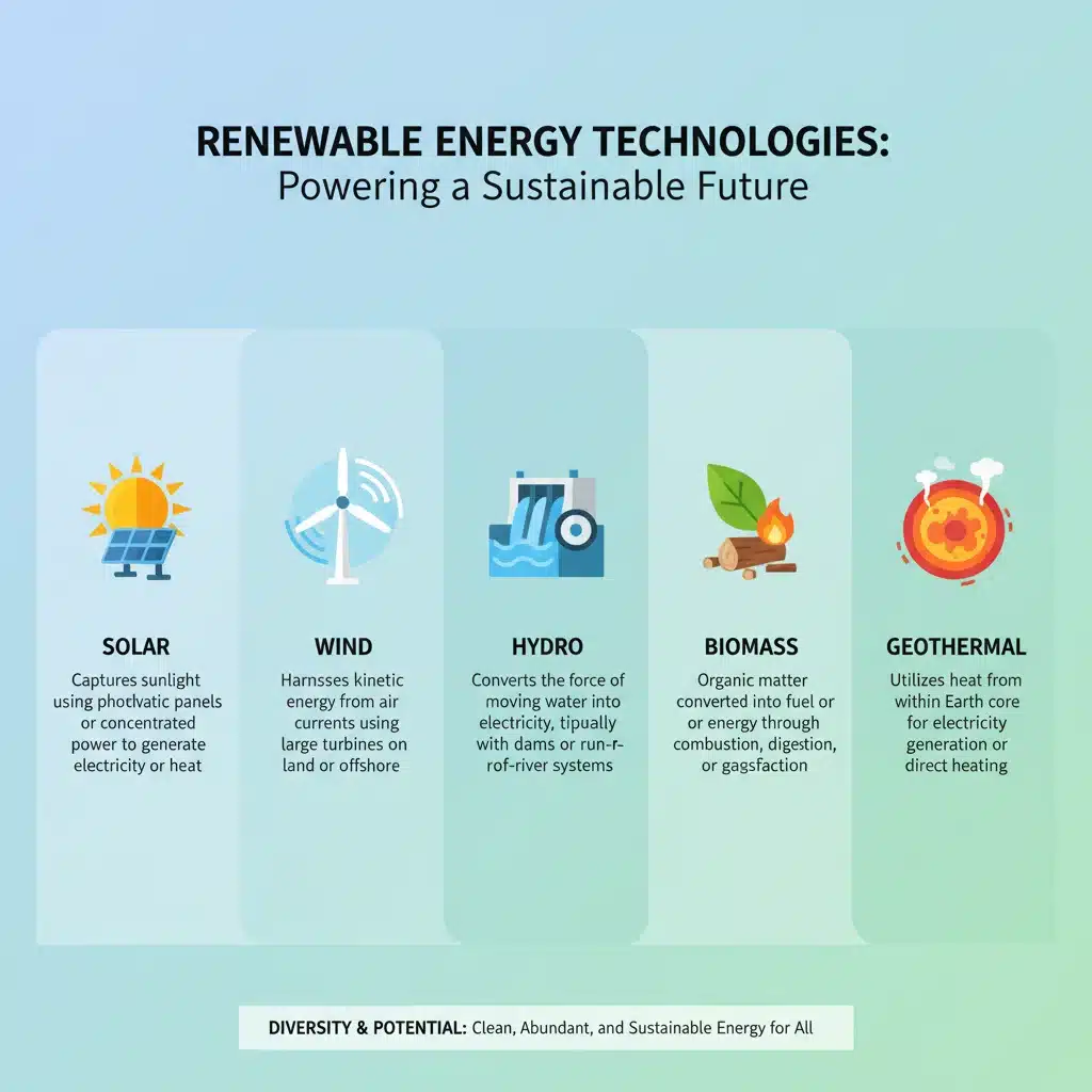 Infographie illustrant les diverses technologies d'énergie renouvelable et leurs applications.