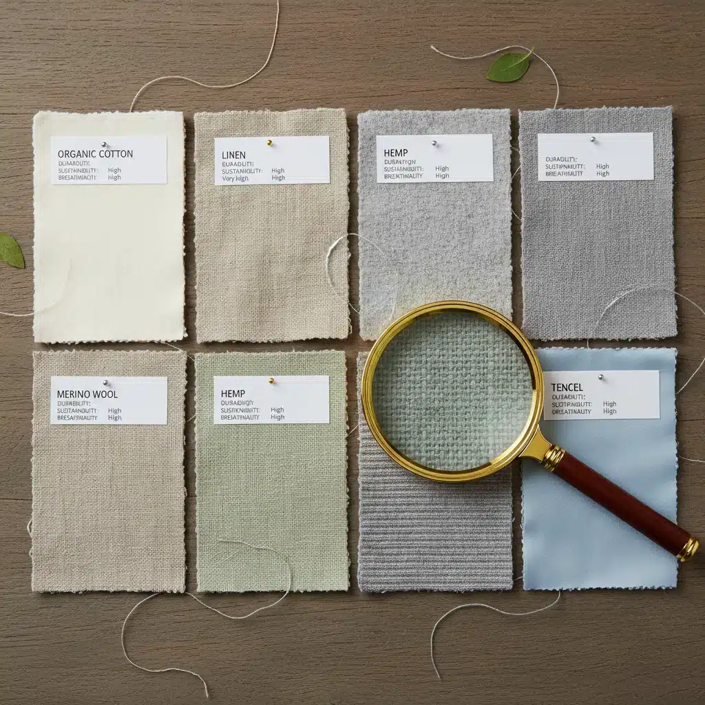 Amostras de tecidos sustentáveis e duráveis como algodão orgânico, linho e lã merino, com uma lupa realçando a textura.