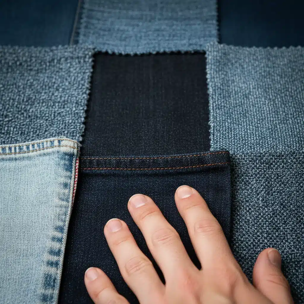 Gros plan sur différentes textures de denim, illustrant la qualité et la variété des tissus de jean.