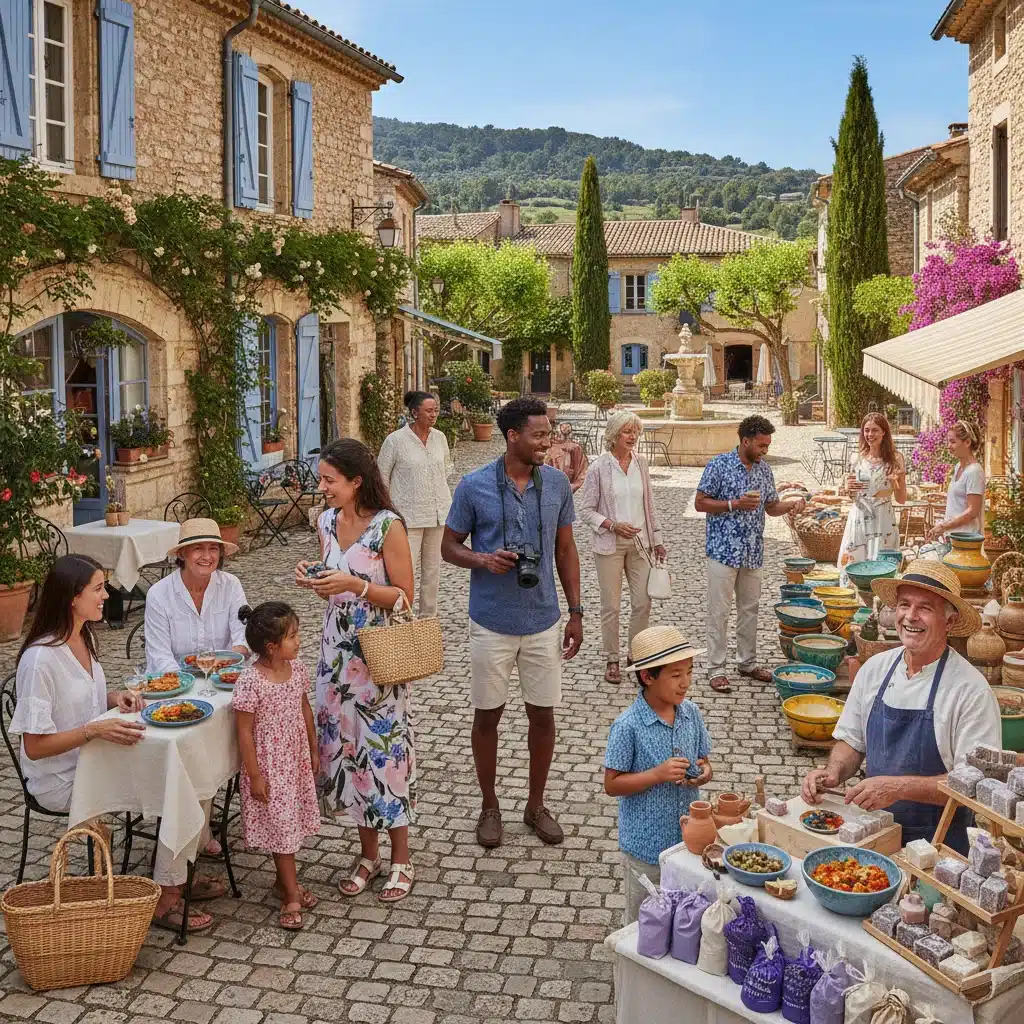 Touristes internationaux explorant un village provençal, symbole de l'attractivité des régions françaises.