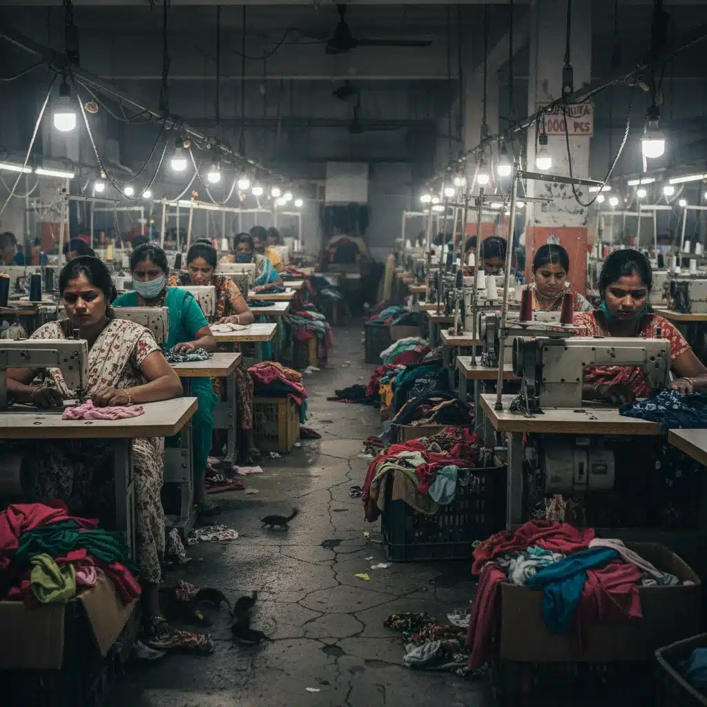 Trabalhadores em uma fábrica de roupas com condições precárias, ilustrando a exploração de mão de obra na fast fashion.