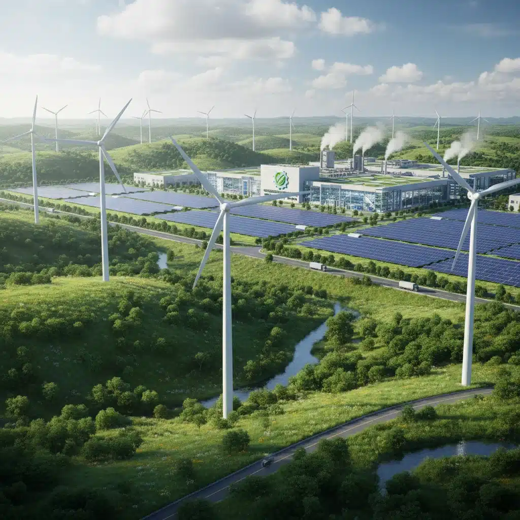Paysage futuriste illustrant la transition écologique avec éoliennes, panneaux solaires et usine respectueuse de l'environnement.