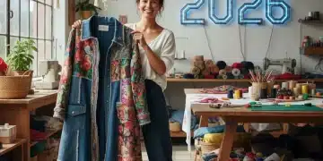 Jeune femme souriante présentant un vêtement upcyclé, ambiance atelier créatif.