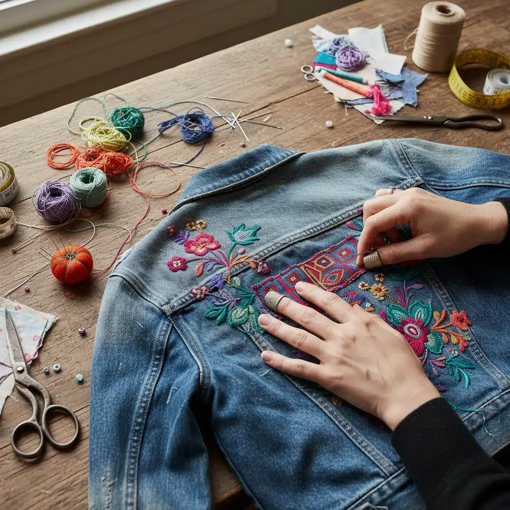 Mains cousant des patchs colorés sur une veste en jean upcyclée.