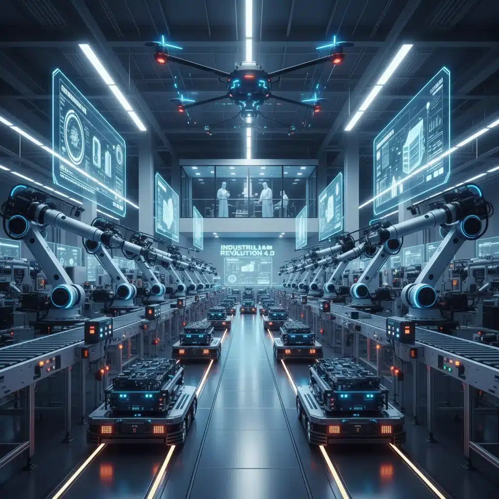 Usine intelligente automatisée avec robots, symbole de l'industrie 4.0 et de l'impact numérique.