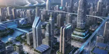 Paysage urbain futuriste alimenté par des sources d'énergie renouvelable, symbolisant la transition énergétique.