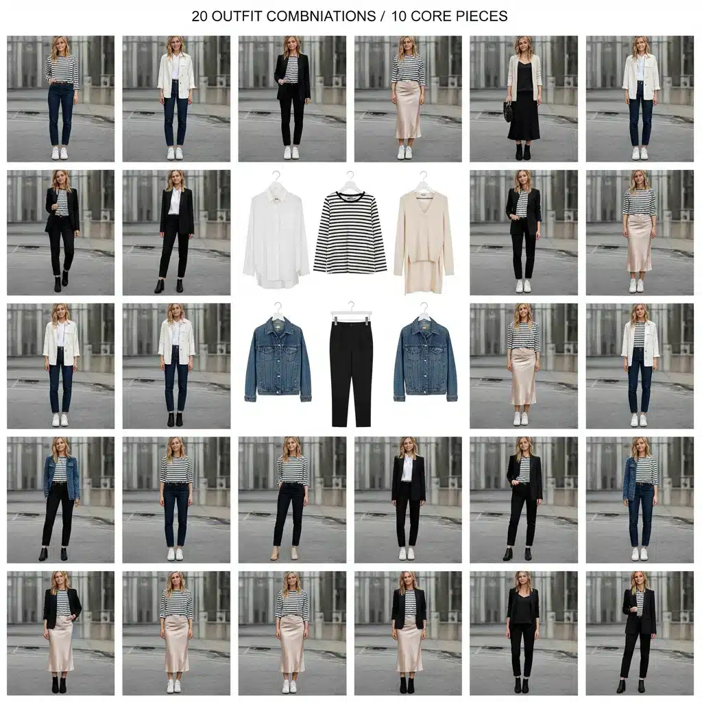 Vinte looks diferentes montados a partir de um closet cápsula de dez peças.