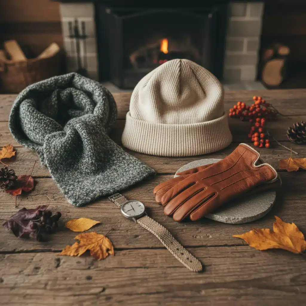 Accessoires masculins durables pour l'automne 2026 : écharpe en laine recyclée, bonnet en coton bio, gants en cuir végétal.